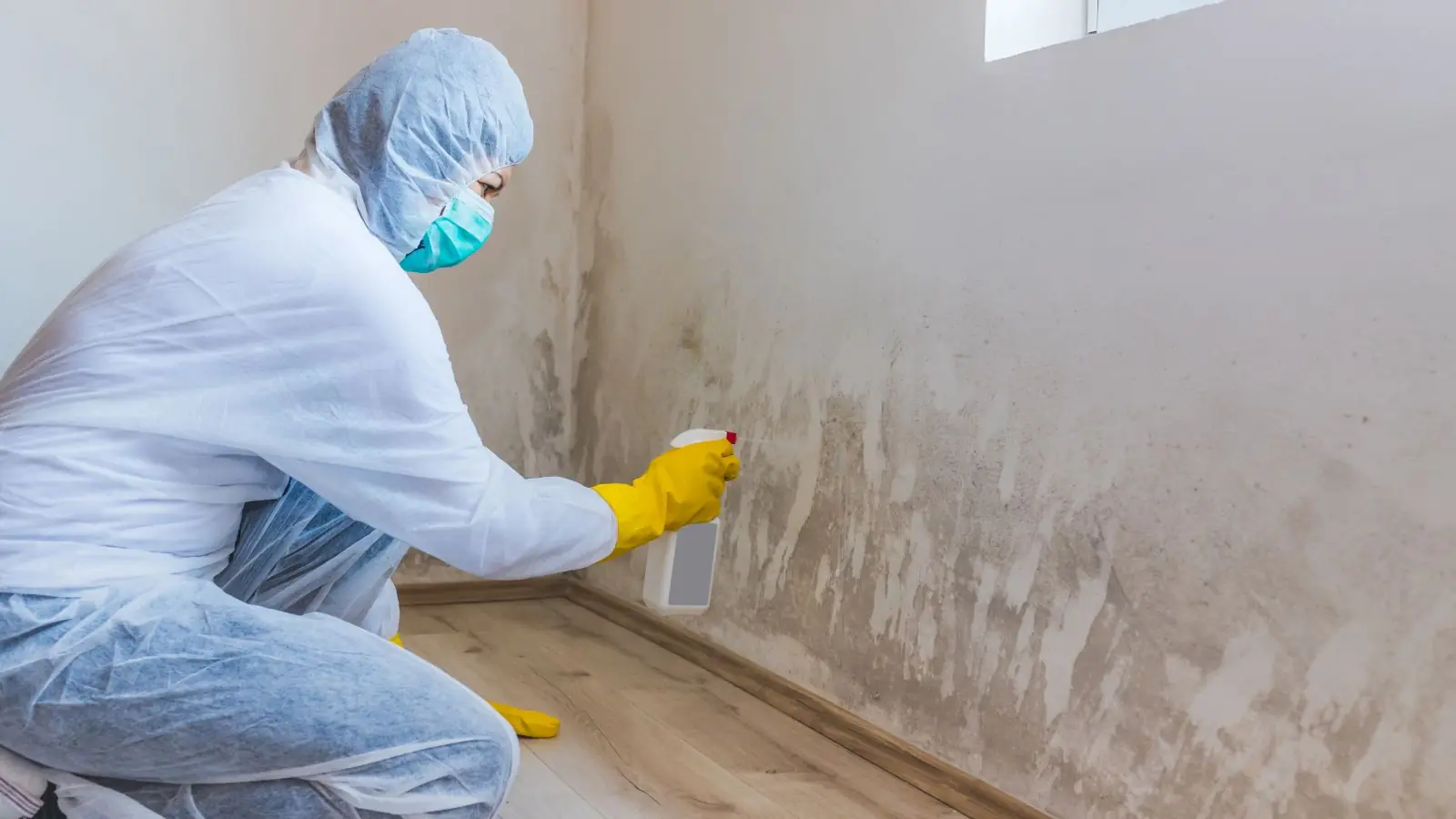 Worker in a protective suit and gloves treating a mold stain at the base of a wall