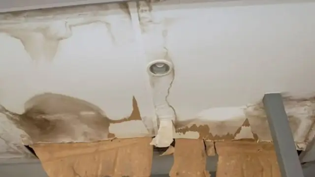 Water-stained ceiling with peeling paint and torn drywall paper around a light fixture
