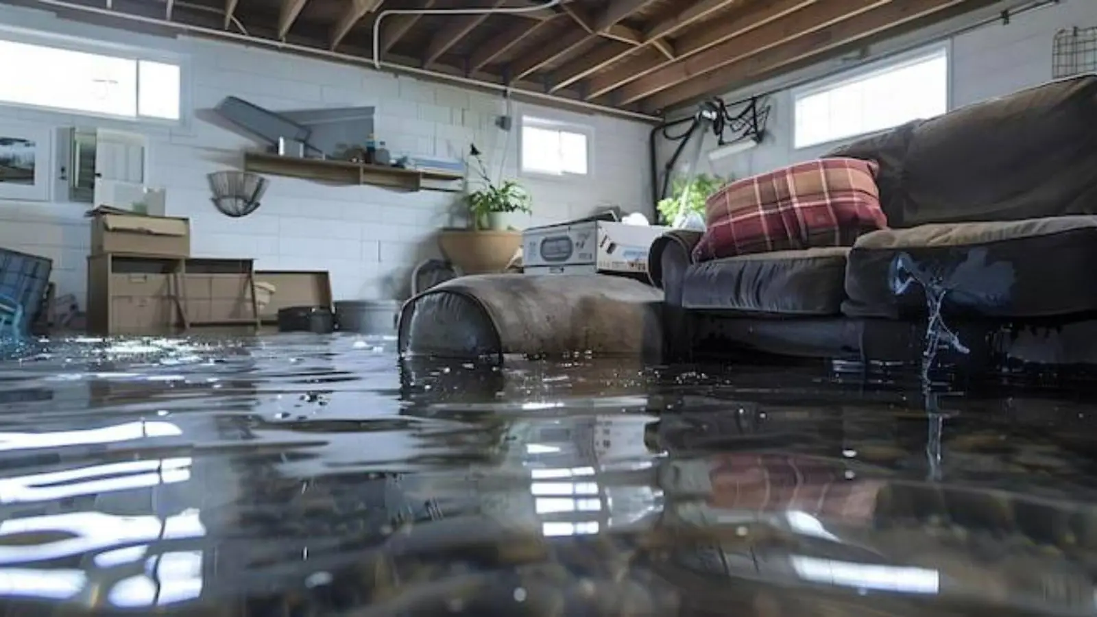 Flooded lower-level room with a sofa partly under dark standing water
