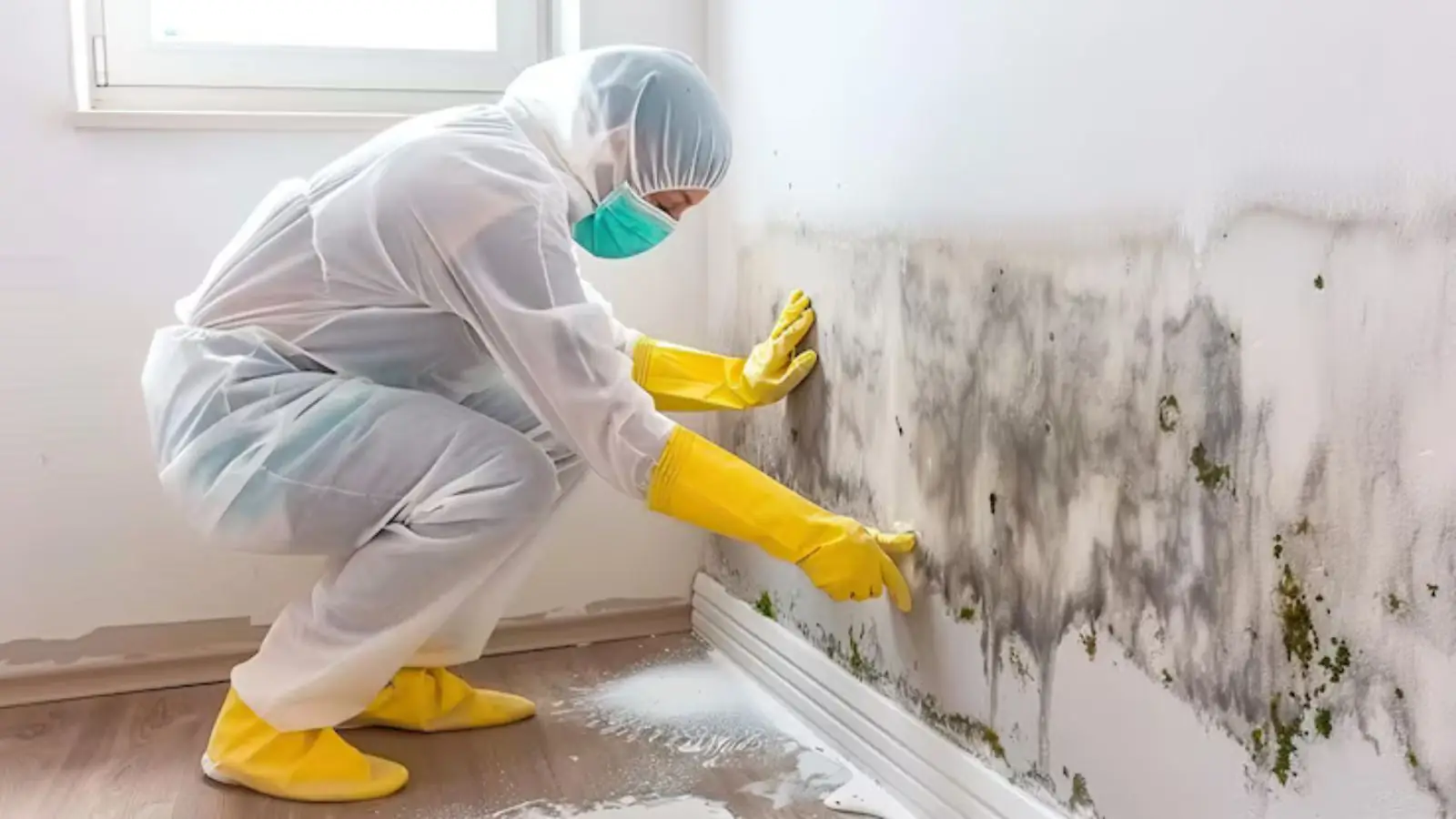 Worker in a white protective suit, mask and yellow gloves wiping mold from a wall