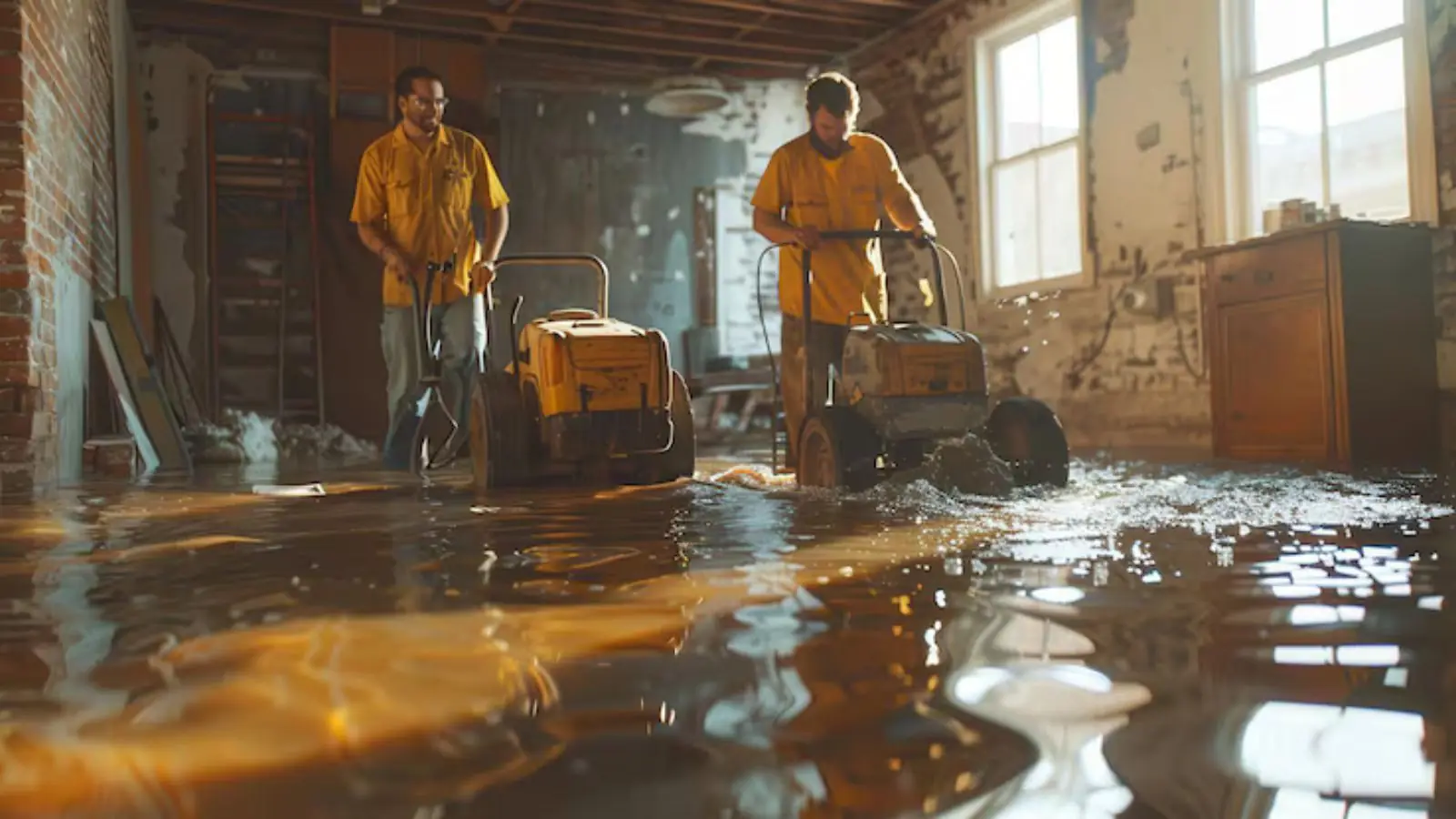 Two workers pushing floor cleaning machines through a water-covered room
