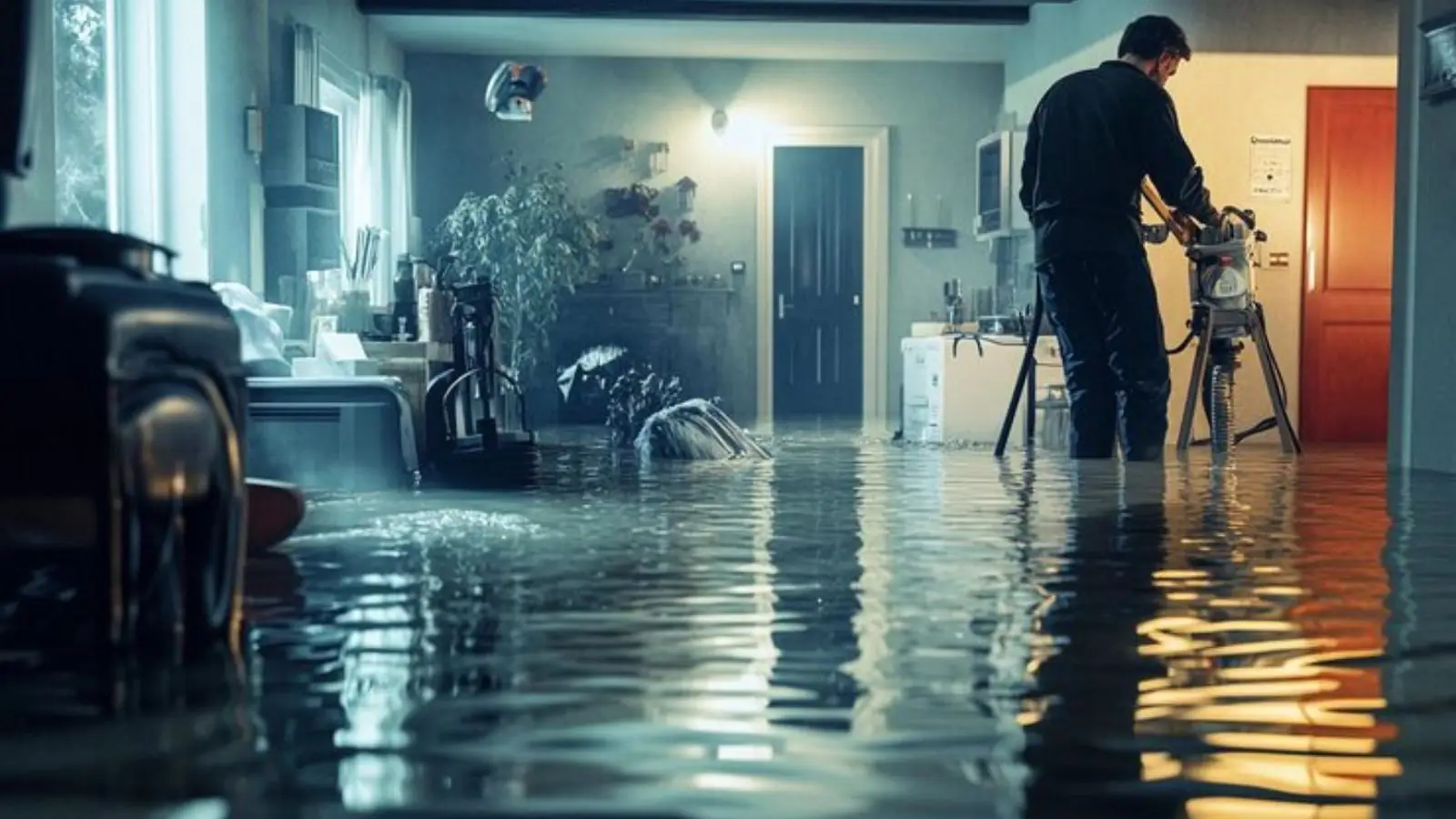 Technician with equipment standing in shallow water inside a flooded home